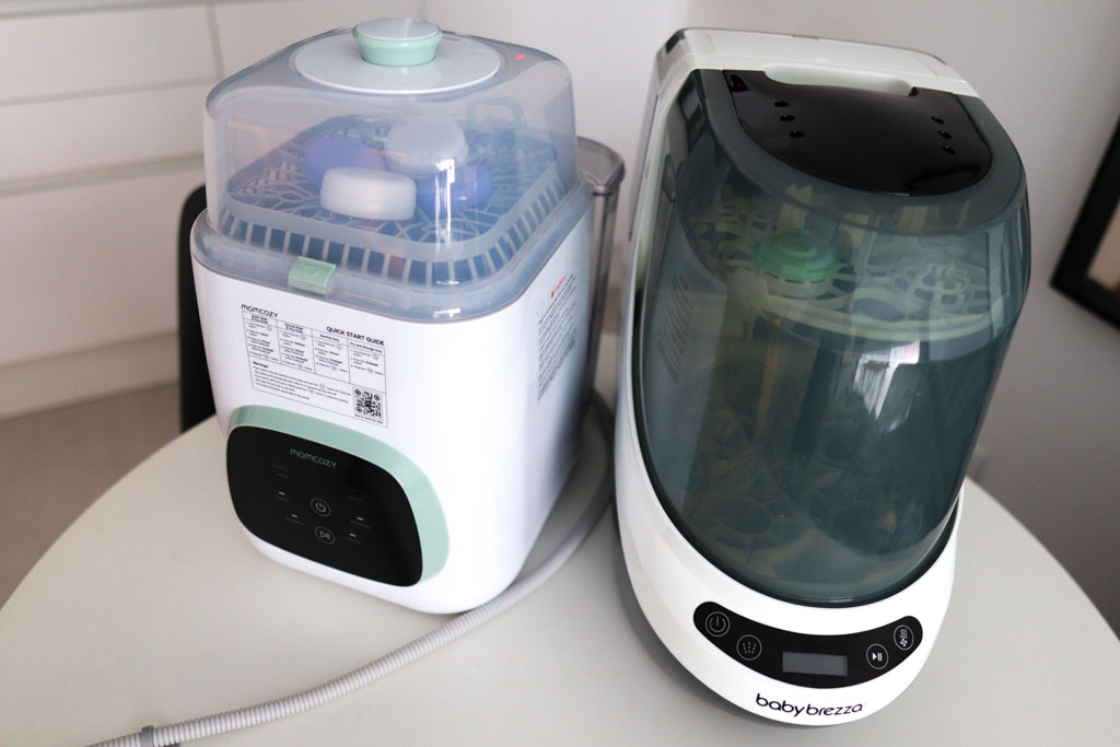 A photo of the best baby bottle washers: the Momcozy KleanPal Pro and Baby Brezza Bottle Washer Pro.